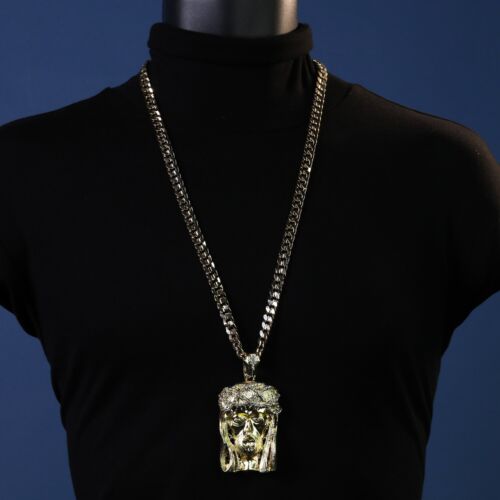 14k Gold Plated 30" Cuban Chain Iced Cubic Zirconia Crowned Jesus Large Pendant - Picture 2 of 6