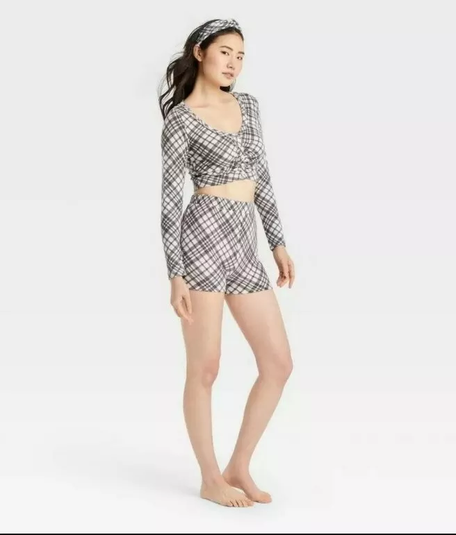 NWOT Colsie Womens Pajama Set 2 Piece Gray Plaid Leisure Romper Shorts Size  L