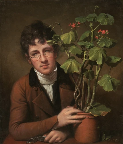 Art Oil painting Rembrandt   young man portrait with glasses and plants