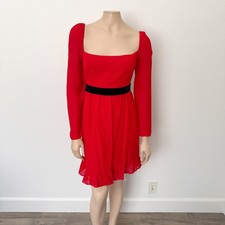 Reformation Sz 12 Red Square Neck Long Sleeve Silves Mini Dress NWT Velvet Belt