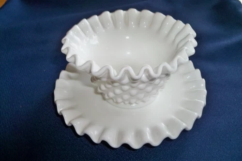 Vintage Fenton Hobnail Ruffled Milk Glass Mayo Condiment Bowl Dish & Under Plate