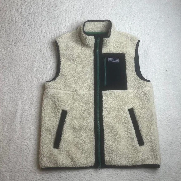 Vineyard vines supershep men cream deep pile fleece lined full zip vest preppy M
