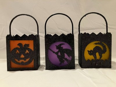 Metal Halloween Bags Tea Light Candle Holders Set of 3 Pumpkin Witch Cat