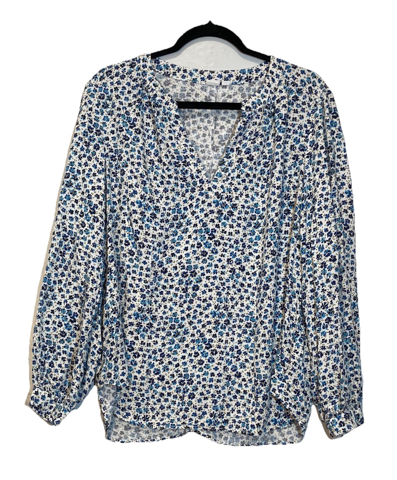 GAP Womens White Blue Ditsy Floral V-Neck Top Size XL Long Sleeves Cottagecore