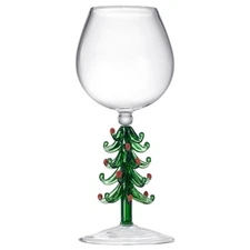Crystal Christmas Holiday Tree Stemmed Wine Glass - Green - 10 oz Goblet Bord...