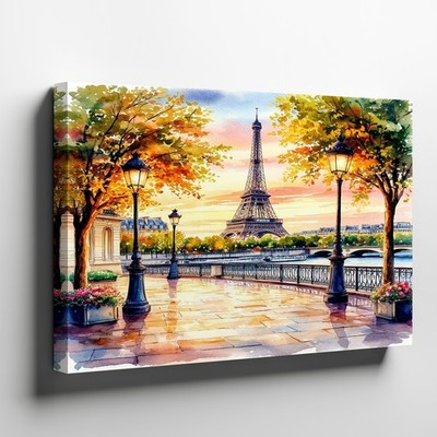 Paris Eiffel Tower Watercolor Canvas Wall Art Street Lamp Landscape Print Decor