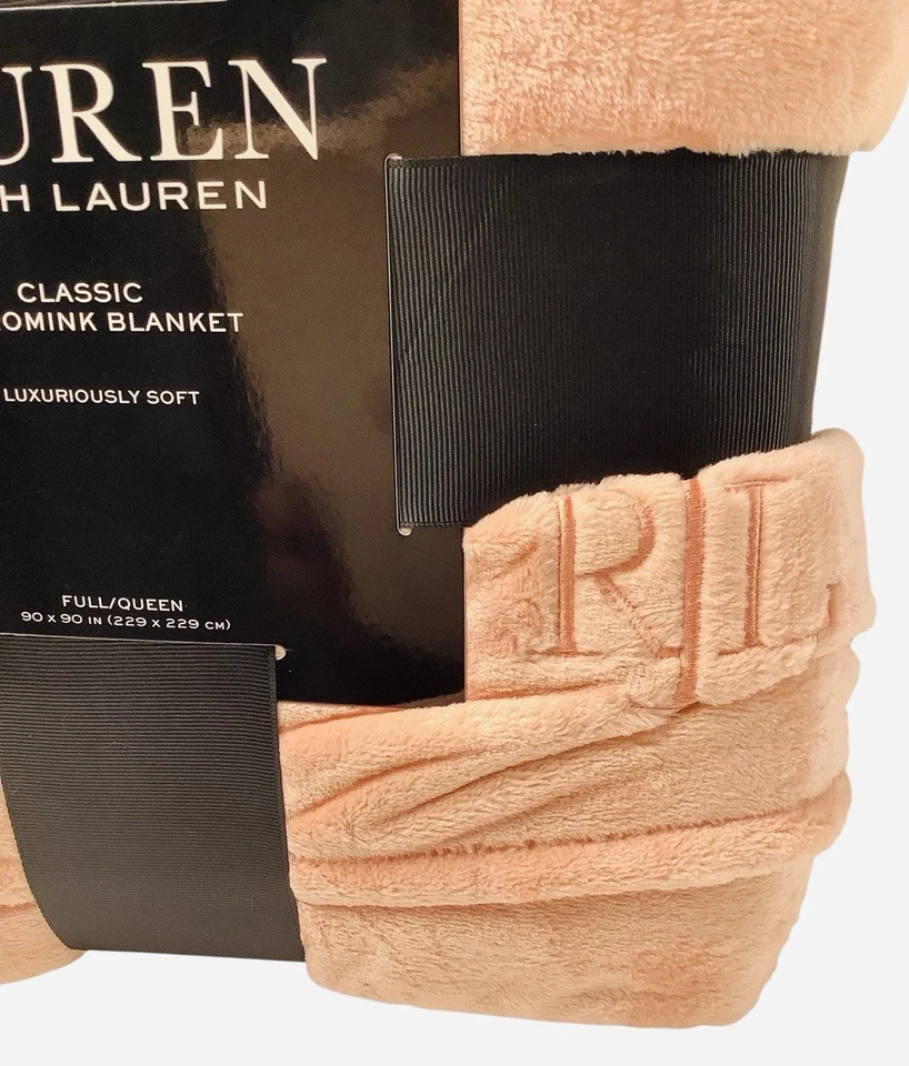 Ralph Lauren Micromink Throw Blanket Classic Full Queen 90x90" Salmon Peach Pink - Image 3 of 4