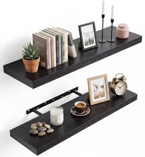 2 PCS Black MDF Floating Wall Shelves Hidden Invisible Brackets Display Decor