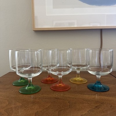 SIX Vintage MCM Retro Barware Cocktail Wine Goblets Glasses, Colored Bases