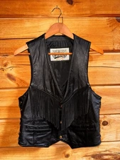 Vintage Open Road Motorcycle Fringed Black Leather Vest Sz M Studded
