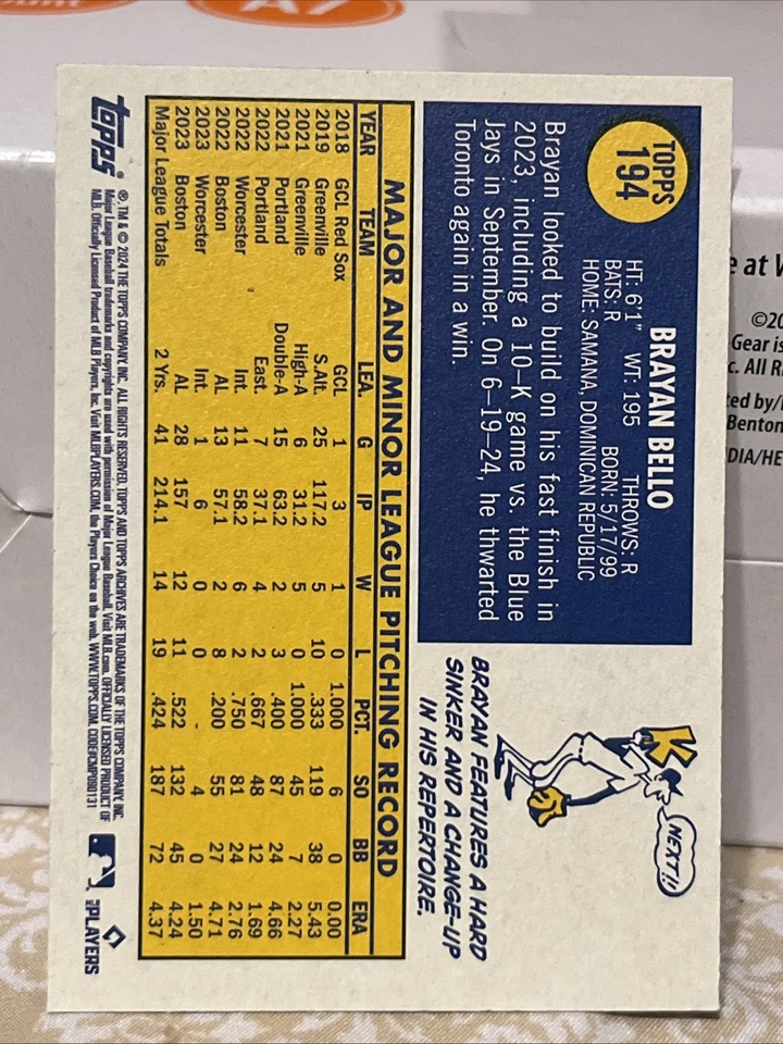 2024 Topps Archives - 1970 Topps Brayan Bello #194 Blue Foilboard /25 - Image 2 of 2