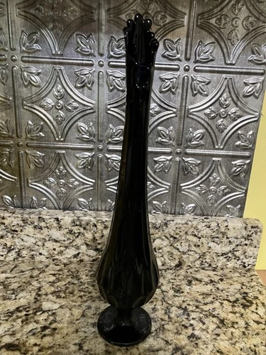 Vintage Fenton Black Amsthyst Swung Vase 17 Mid-Century Moden Art Glass