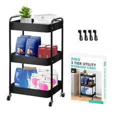 3 Tier Rolling Cart, Metal Utility Cart with 4 Hooks, Rolling Storage Cart on...