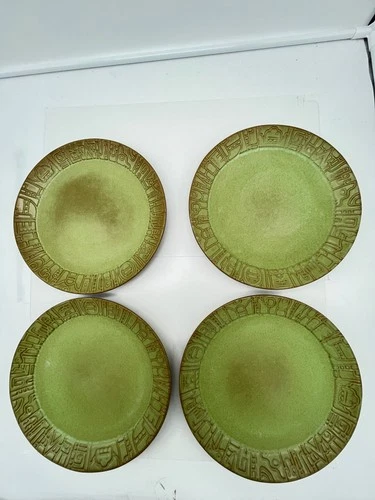 4 - Frankoma Pottery Prairie Green Mayan Aztec 10 1/2 in. Dinner Plates 7FL