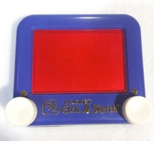 Pocket Etch A Sketch Mini Vintage Ohio Art Drawing Toy Blue Red Thailand 110997