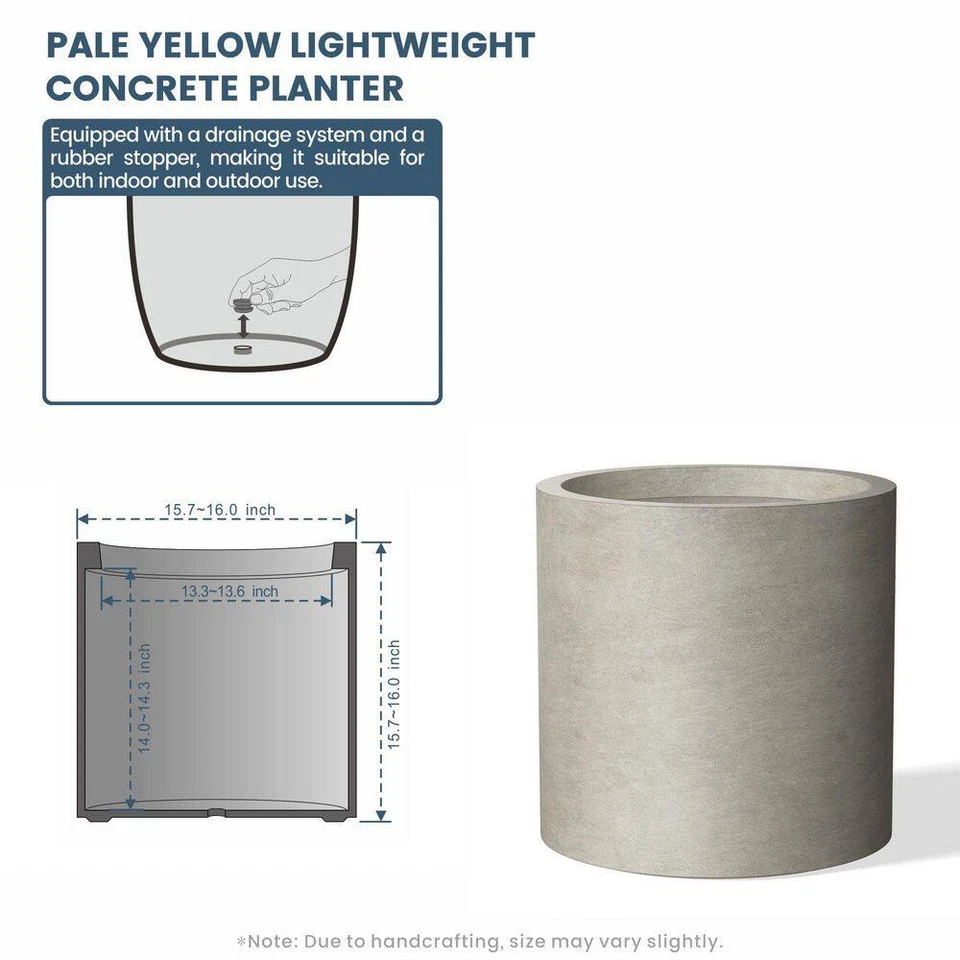 Ligero 16 pulgadas. X 16 pulgadas. Maceta de hormigón redonda extra grande gris claro/P Foto 4 de 4