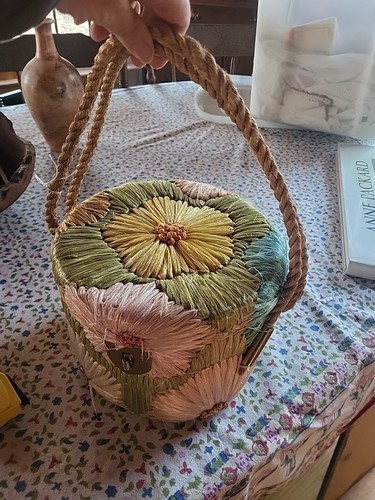 Vintage Straw and Raffia Flowered By Patricia Purse Boho Tote Beach Bag Bucket