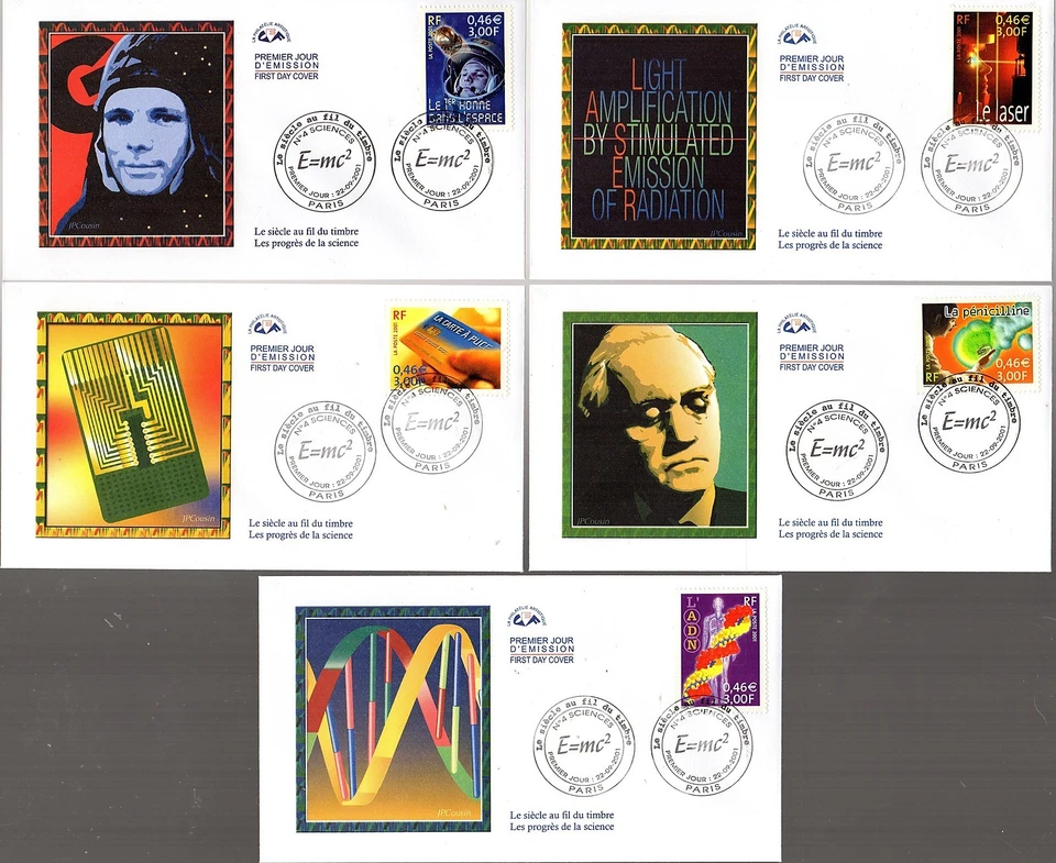 3422/6+ FDC 5 ENVELOPPES 1er JOUR CEF LE SIECLE AU FIL DU TIMBRES SCIENCES - Photo 1/1