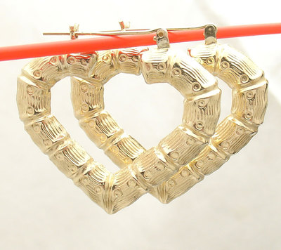 1 3/8'' 35 mm strukturierte Herz Bambus Creolen ECHT 10K Gelbgold 
