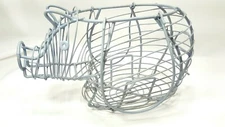 Vintage Blue-Gray Pig Shaped Wire Egg Basket with Folding Handles: 11" x 7" x 7"
