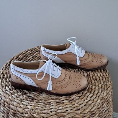 NWOT Girotti Womens Italian Tan/White Leather Wingtip Oxford Shoes EU37US6.5