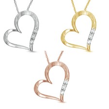 Three Stone Heart Pendant Necklace Simulated Diamond 14K Gold Plated 18" Chain