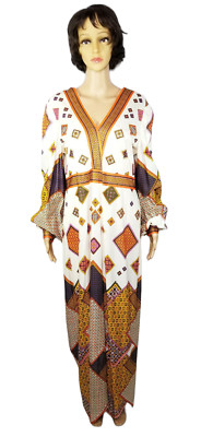 Vintage Handmade Dress Bohemian Maxi V Neck Bishop Sleeve Geometric Designs