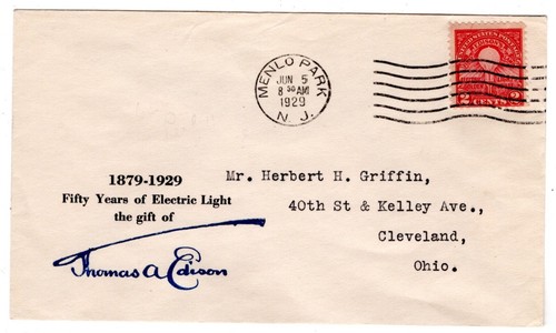 #654 Electric Light Edison 1929 FDC - Planty #37 H.H. Griffin  - Picture 1 of 2