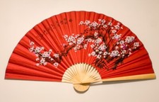 Large 60 35 in Oriental Wall Hanging Folding Fan White Plum Flower Design Red