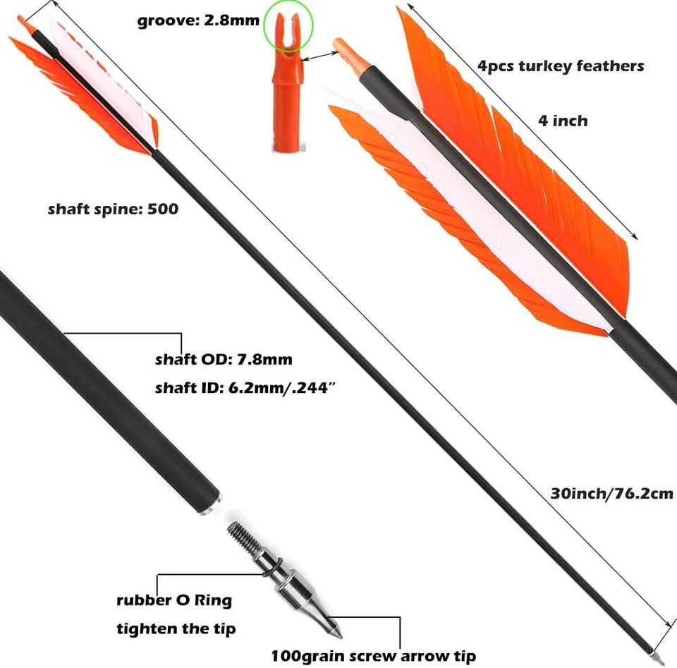 12X Carbon Arrows Flu Flu Turkey Feather 30Inch SP500 Archery Bow Hunting Target - Image 3 of 4