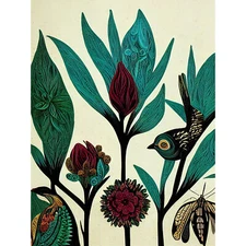 Folk Art Leaves Flowers Birds Burgundy Huge Wall Art Print Picture 18X24 In