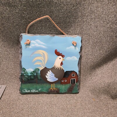 6x6 Faith Rollins Painted Slate Mineral Wall Hanging Country Rooster Wall Plaque
