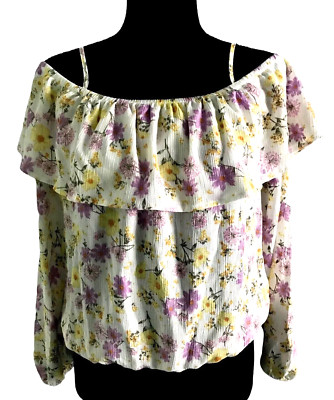 Hippie Rose Juniors Ivory Floral Ruffled Off-The-Shoulder Long Sleeve Top - L