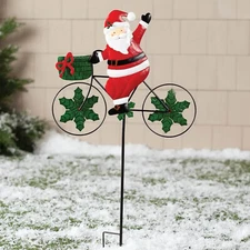 Santa Claus Riding Bicycle Wind Spinner Garden Stake Metal Outdoor Holiday Decor