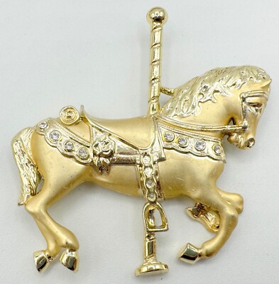 B4-4497 VINTAGE BROOCH GOLD TONE PIN 2.5'' ANIMAL HORSE CAROUSEL RHINESTONE