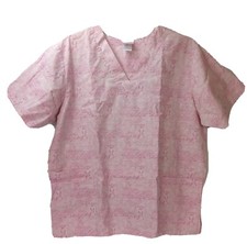 Womens XL Pink Ribbons Bergsma BCA Nursing Medical Scrub Top Pink V-neck VGC