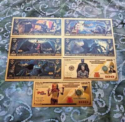 7pc 24k Gold Foil Plated Novelty Collectible DC Batman / Joker Banknotes  Mint!