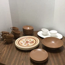 Vintage Melamine Floral Pattern NHP Artisan Ware Solid Brown and White 35 Pc Lot