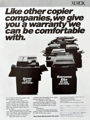 1989 XEROX Copier A Warranty You Can Be Comfortable With Vintage Print AD