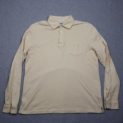 Sunspel Polo Shirt Mens Large Beige Long Sleeve Knit Cotton Pocket Casual Top