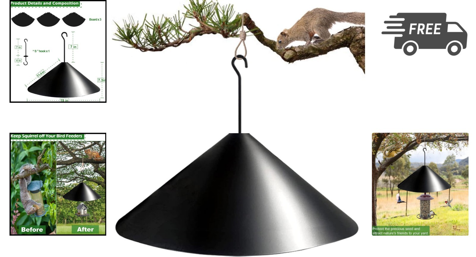 Bird Feeder Squirrel Proof Baffle 19 Inch Black Protects Raccoons & Squirrels