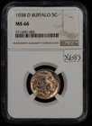 1938-D 5c Indian Head Buffalo Nickel - Frosty PQ Coin - NGC MS 66 - SKU-X6553