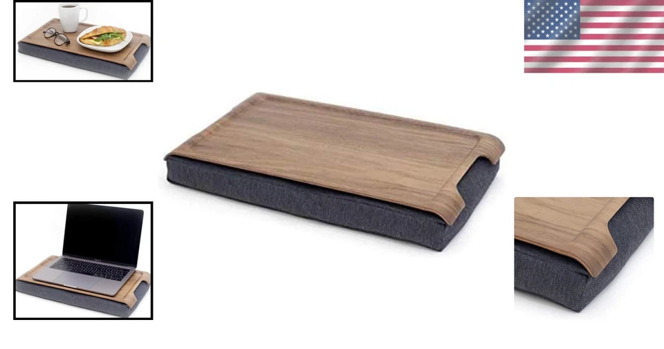 Versatile Walnut Wood Lap Tray with Soft Gray Cushion – Perfect for Meals & Work - Image 2 of 4