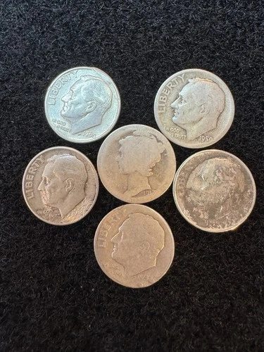 6 Dimes 5  Roosevelt Dimes 1 Mercury Head Dime Very Worn or Damaged