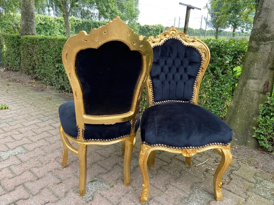 Juego de comedor mesa con sillas barroco italiano 7 piezas hoja dorada terciopelo negro Foto 4 de 4