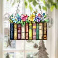 Book Suncatcher Acrylic Window Hanging Flower Books Reader Gift