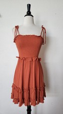 Sundress Size Small Rust Orange Bow Smocked Chic Ruffle Boho Cottage