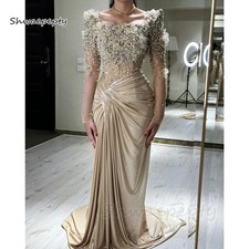 Elegant Beaded Evening Dresses Long Sleeves 3D Floral Appliques Ruched Champagne