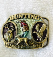 Hunting American Tradition Dog Bird Duck Deer Vintage 1986 Hunters Belt Buckle