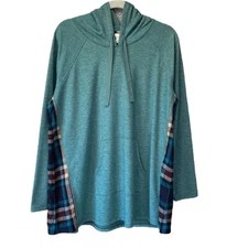 LOGO Lounge Lori Goldstein Green Plaid Pullover Hoodie Top Sz L